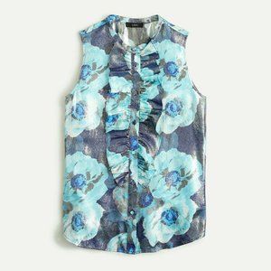 NWT J. Crew Jacquard Ruffle Floral Sleeveless Blouse Blue Metallic Small H12430